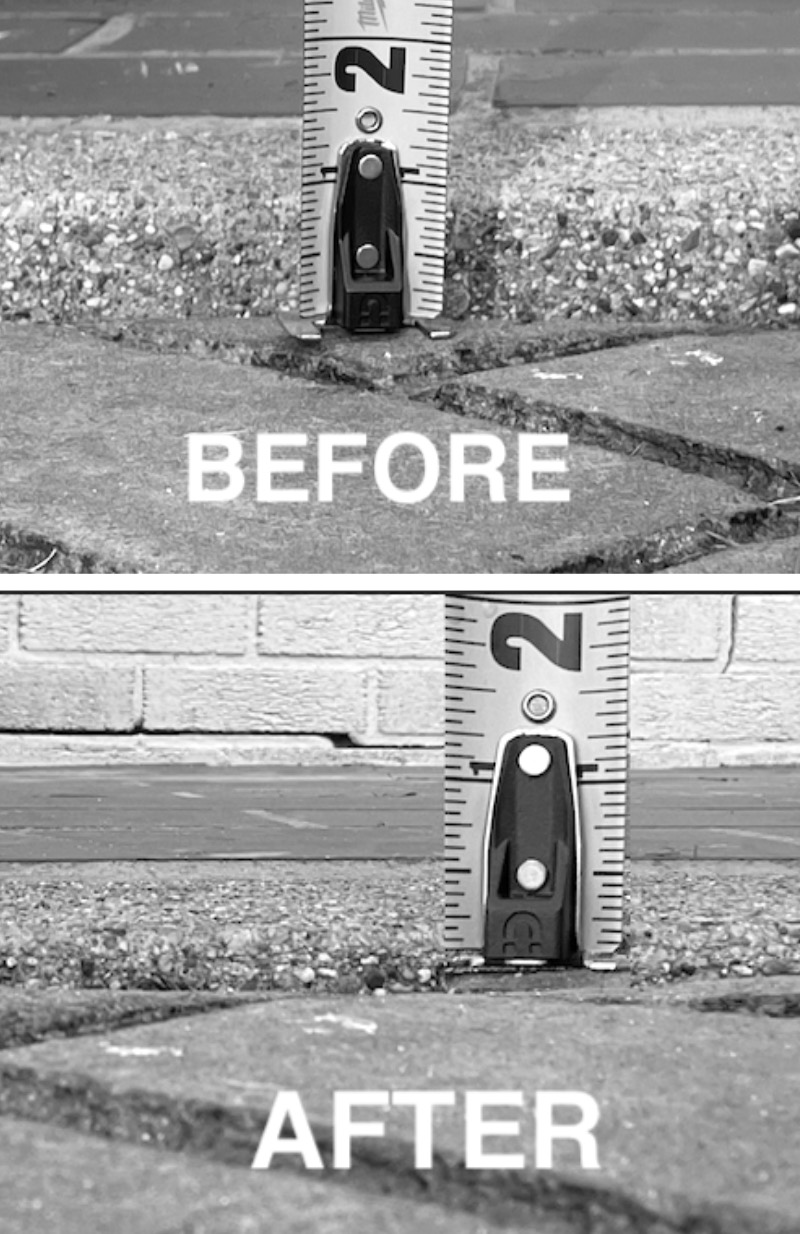 Before and after photos of a sunken paver walkway lifted level, measured with a tape measure